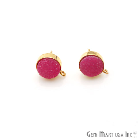 Pink Color Druzy Round 10mm Gold Plated Connector Stud Earring - GemMartUSA