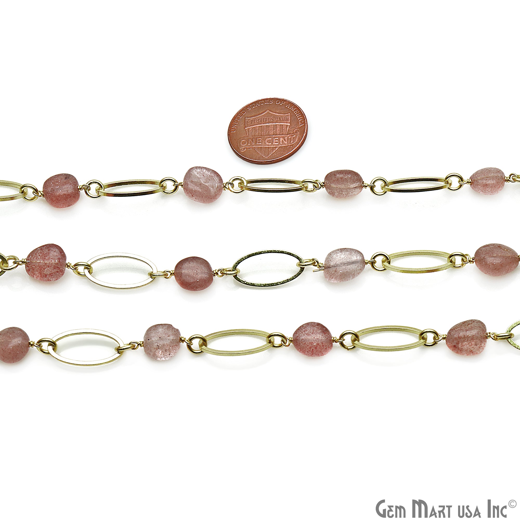 Strawberry Quartz With Gold Plated Oval Finding Rosary Chain - GemMartUSA