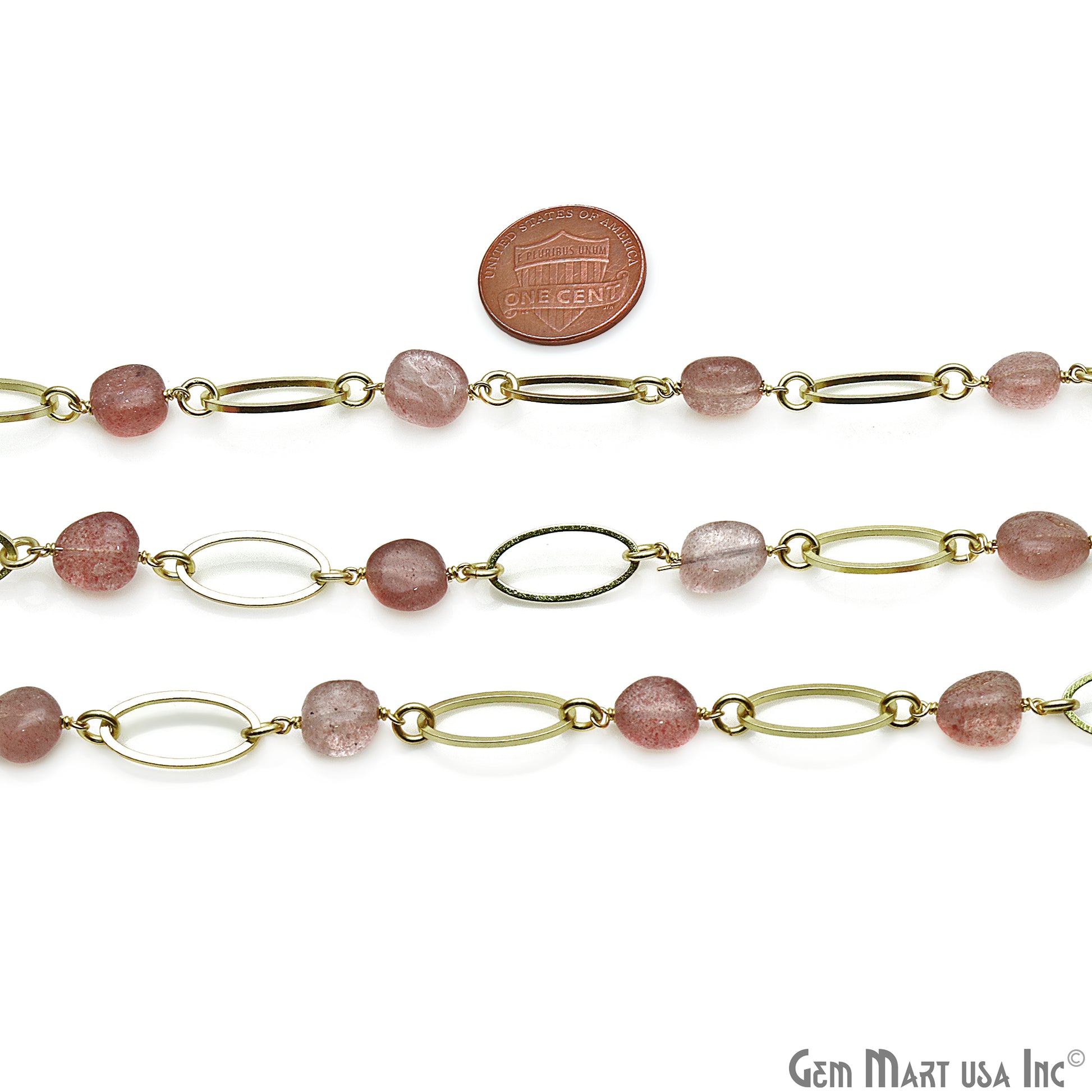 Strawberry Quartz With Gold Plated Oval Finding Rosary Chain - GemMartUSA