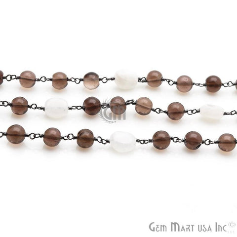 Rainbow Moonstone & Smoky Topaz Gemstone Oxidized Wire Wrapped Rosary Chain