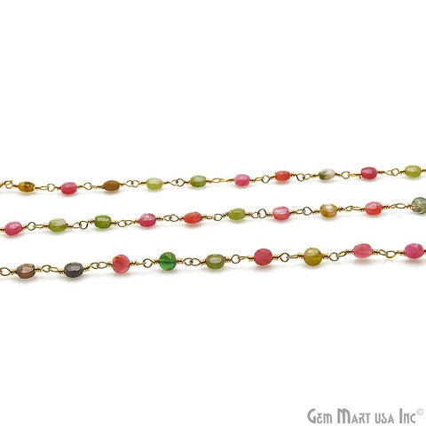 Multi Tourmaline Faceted 3-4mm Gold Wire Wrapped Rosary Chain