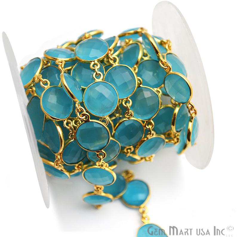 Sky Blue Chalcedony Round 12mm Gold Bezel Continuous Connector Chain (764296101935)