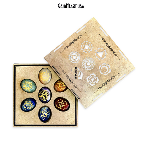7 Chakra Of Life Healing 38-44mm Oval Gold Engraved Symbols Gemstones Box