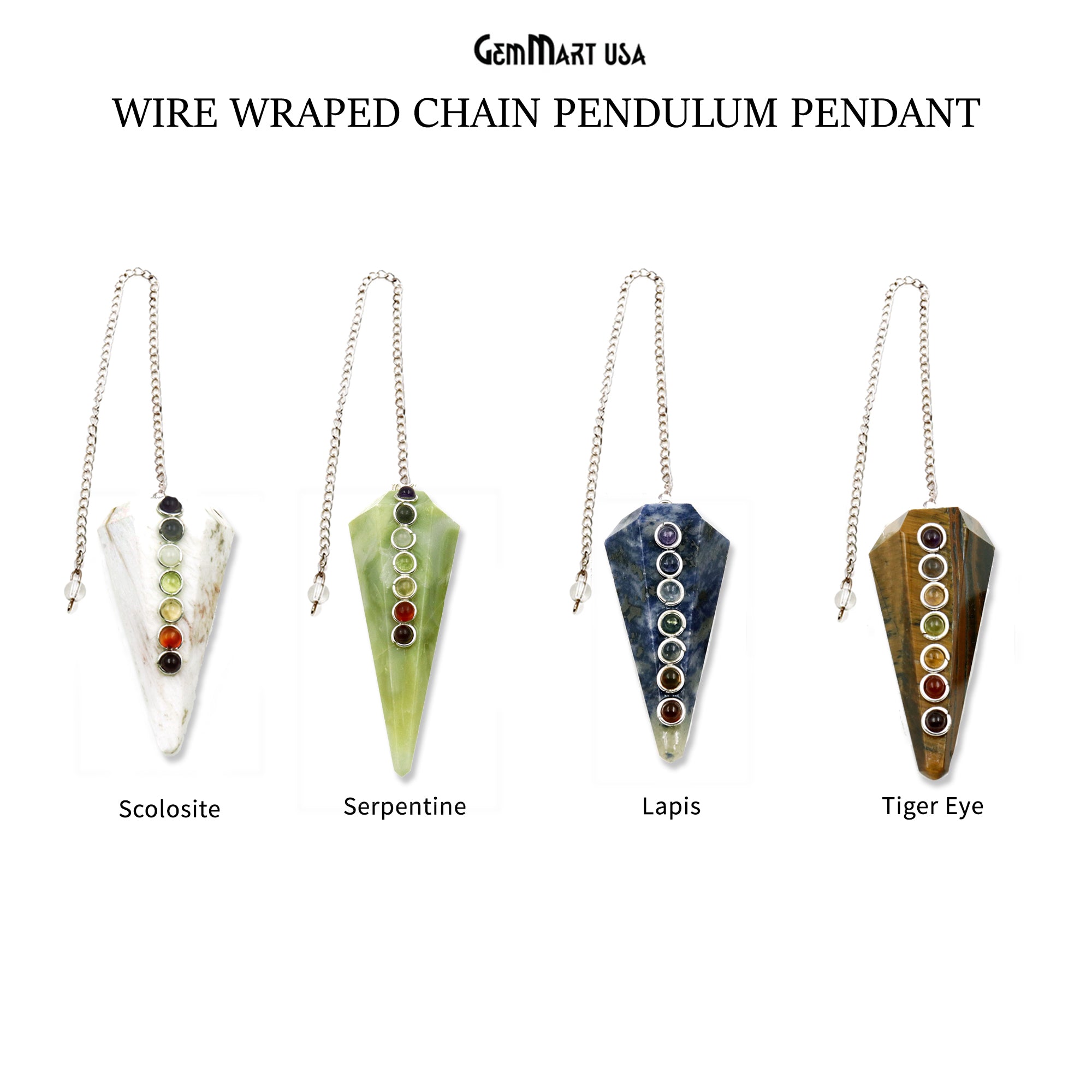 Healing 7 Chakra 49x20mm Silver Wire Wrapped Chain Pendulum Pendant