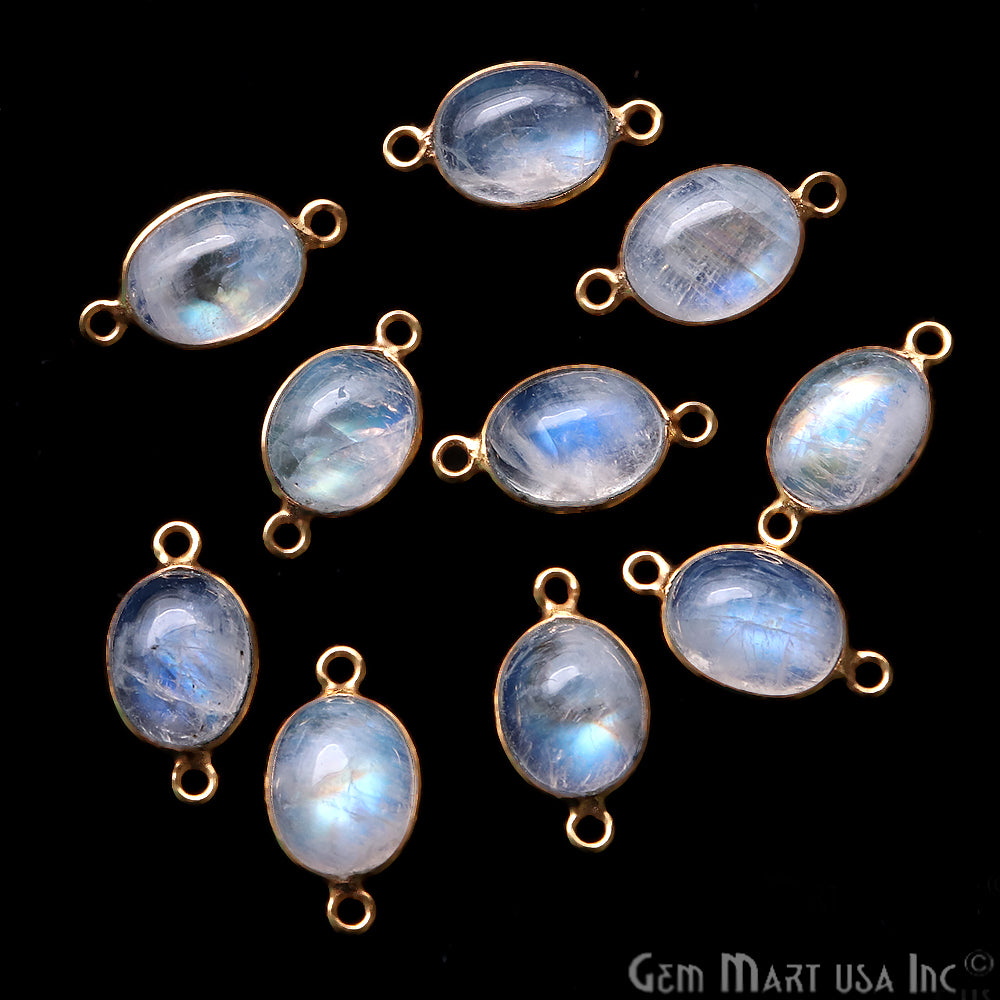 Rainbow Moonstone Cabochon 9x11mm Oval Gold Plated Double Bail Gemstone Connector - GemMartUSA