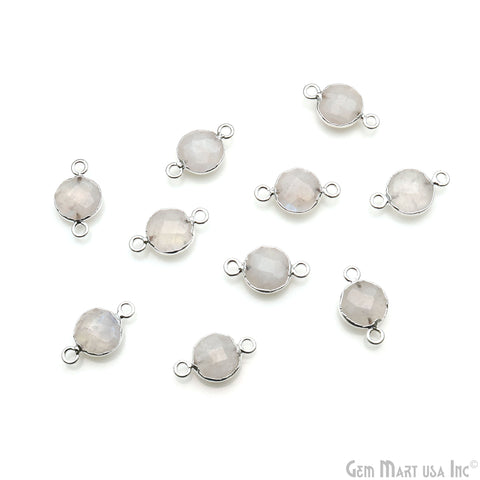 Rainbow Moonstone Round 10mm Double Bail Silver Electroplated Connector