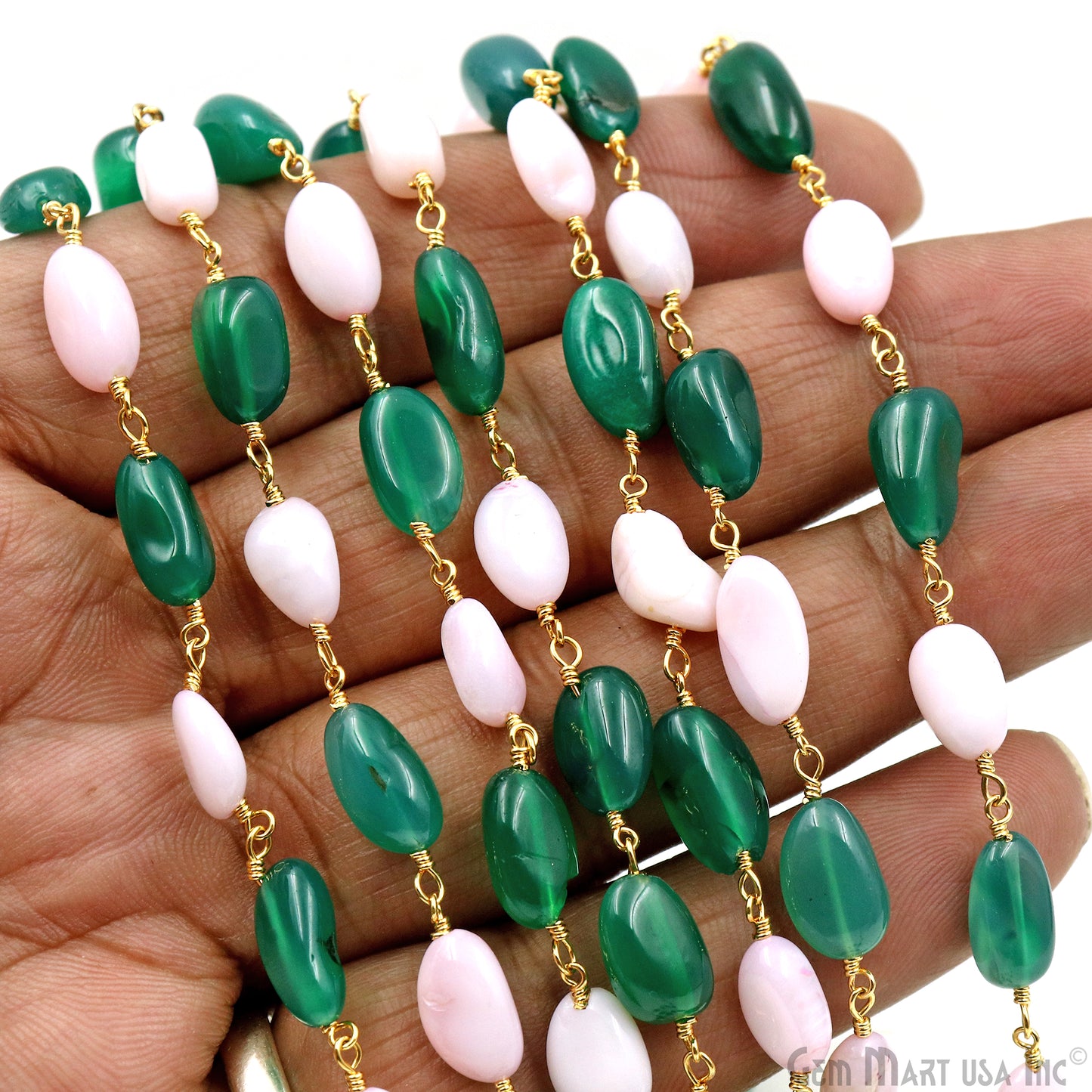 Green Onyx & Pink Opal 12x5mm Tumble Beads Gold Plated Rosary Chain