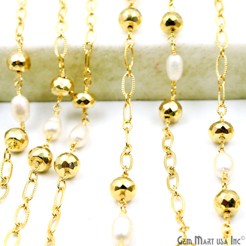 Golden Pyrite 6-7mm & Pearl Round Beads Gold Plated Finding Rosary Chain