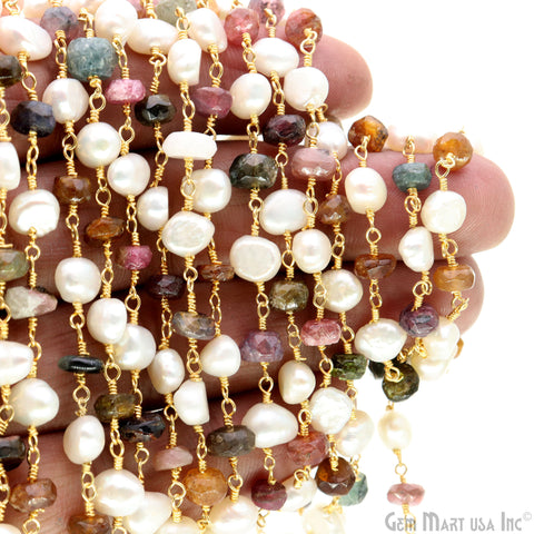 Multi Tourmaline & Pearl Gold Plated Wire Wrapped Rosary Chain