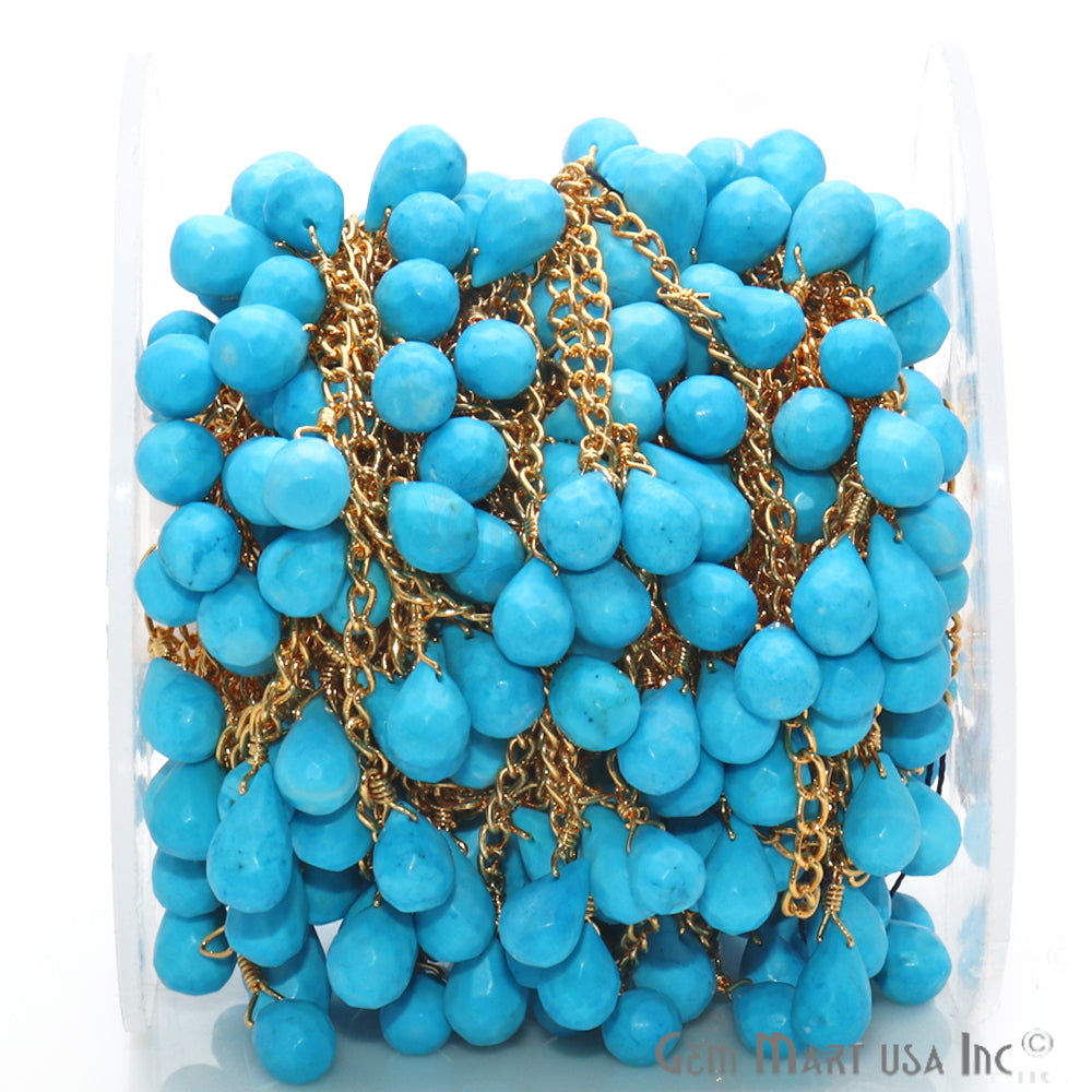 Turquoise Faceted Beaded Gold Wire Wrapped Dangle Rosary Chain - GemMartUSA