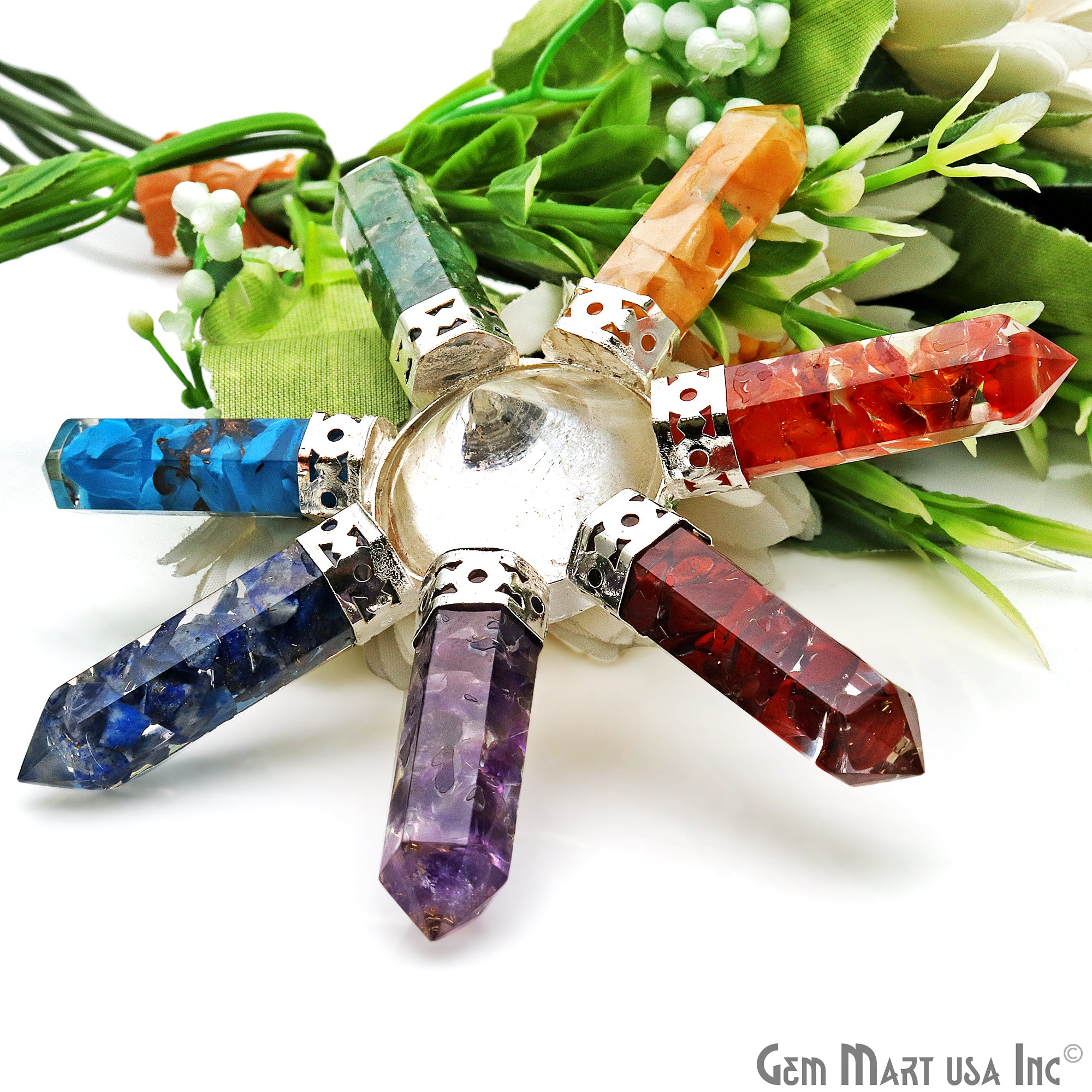 Crystal Pyramid, Seven Chakra pencil pendants, Silver Plated Filigree, Seven Chakra Stones, Home Decor, Healing Crystals 3INCH - GemMartUSA
