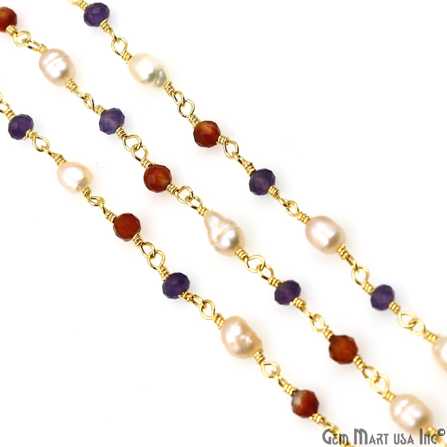 Multistone Faceted Beads With Pearl 3-3.5mm Gold Plated Wire Wrapped Beads Rosary Chain