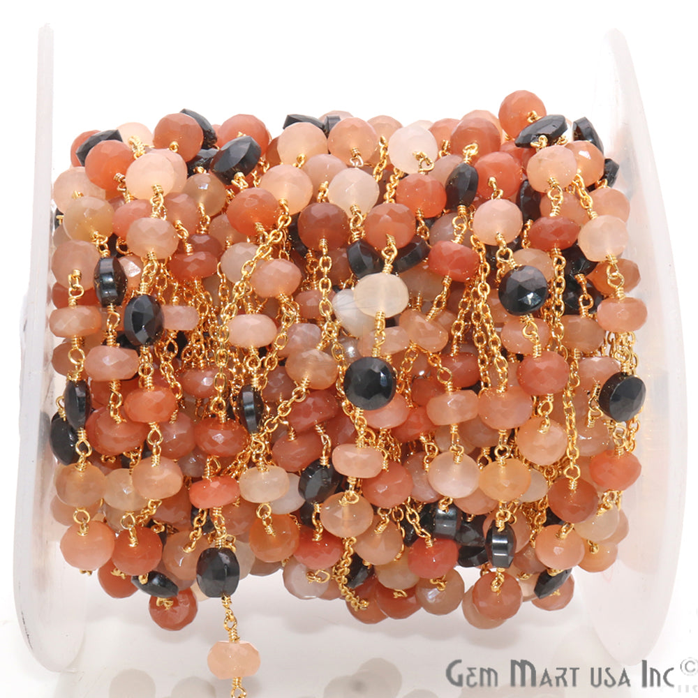 Black Spinel 6mm Sunstone 6-7mm Beaded Gold Plated Wire Wrapped Rosary Chain - GemMartUSA