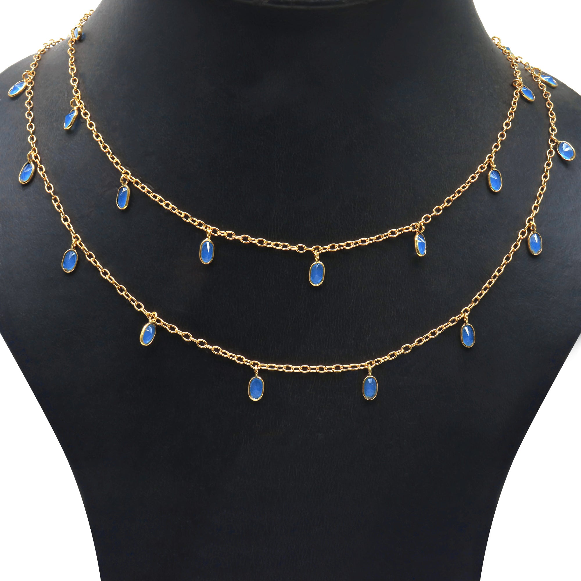 Sky Blue Chalcedony Oval 5x3mm Gold Plated Bezel Connector Dangle Rosary Chain