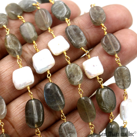 Labradorite & Pearl Tumble Beads Gold Plated Rosary Chain