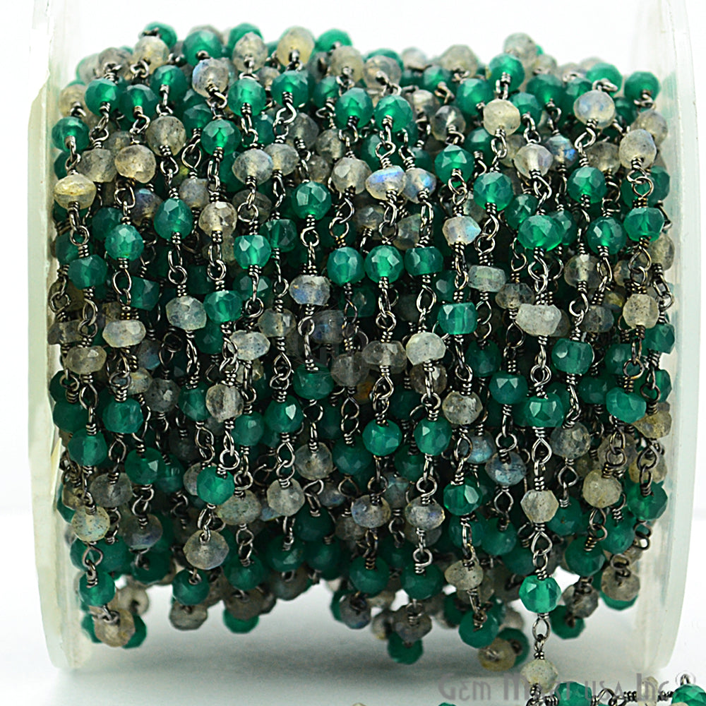 Green Onyx With Labradorite Gemstone Beaded Wire Wrapped Rosary Chain - GemMartUSA