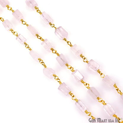 Rose Quartz Tumble Beads 8x5mm Gold Wire Wrapped Rosary Chain