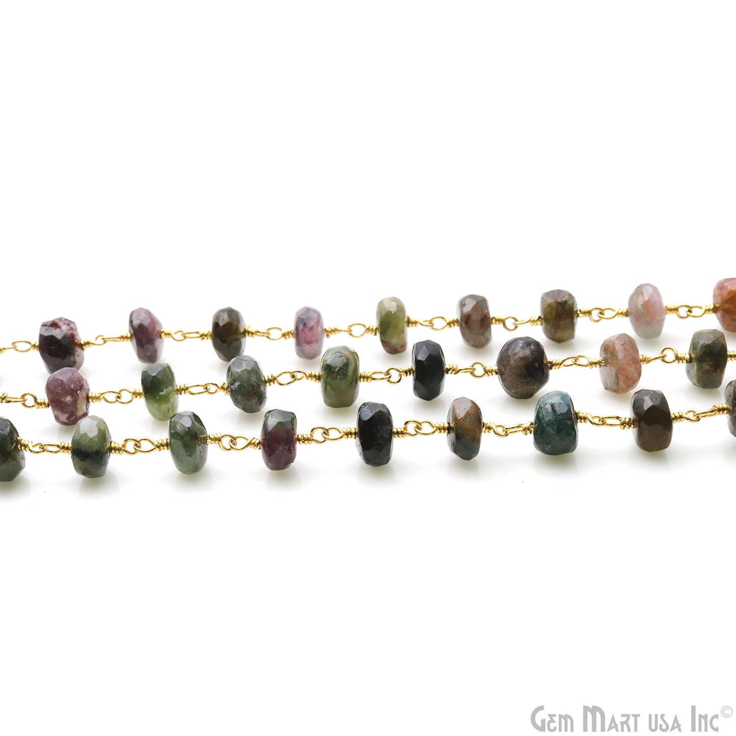 Multi Tourmaline Faceted Beads 7-8mm Gold Plated Wire Wrapped Rosary Chain