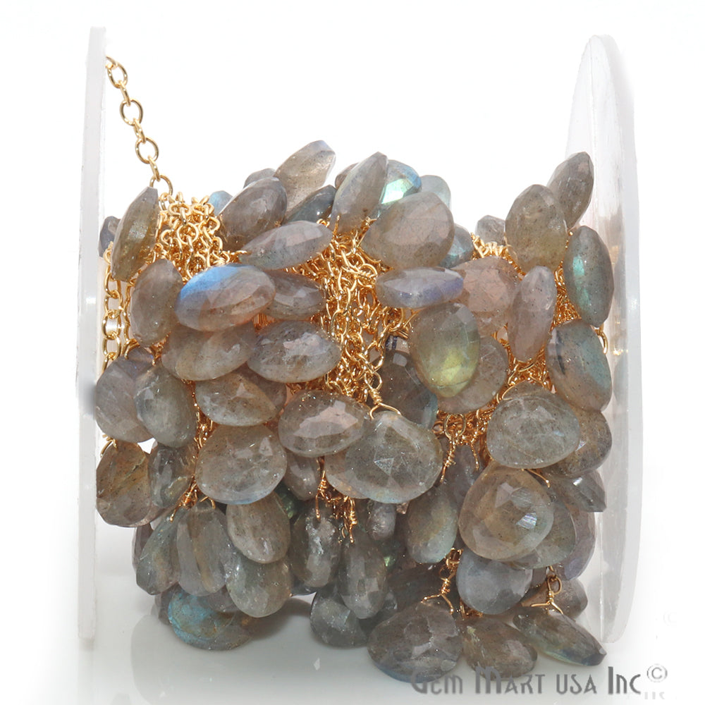 Labradorite 11x10mm Beaded Gold Wire Wrapped Dangle Rosary Chain - GemMartUSA