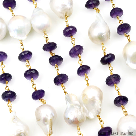Amethyst 8-9mm & Pearl 17x12mm Beads Gold Plated Rosary Chain