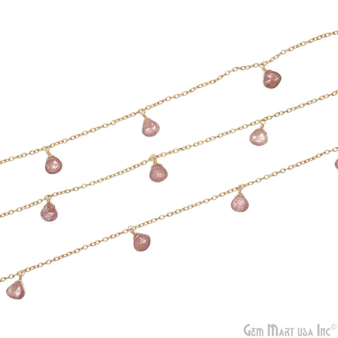 Strawberry Quartz Faceted Heart 8mm Beads Gold Wire Wrapped Dangle Rosary Chain