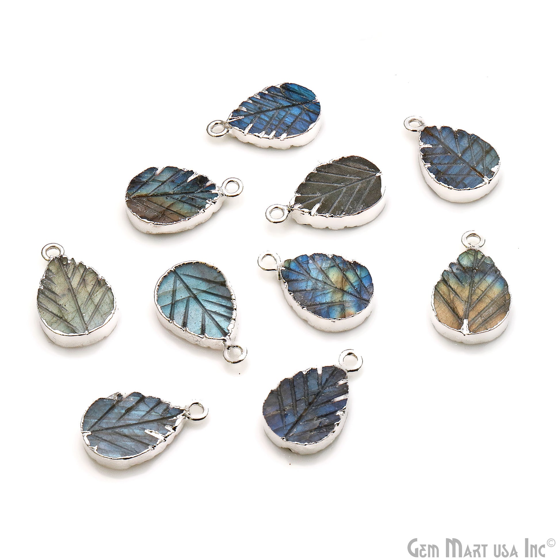 Labradorite Leaf 12x16mm Silver Edged Pendant Connector - GemMartUSA