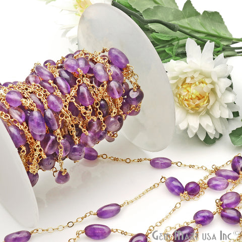 Amethyst Tumble Beads Gold Plated Wire Wrapped Rosary Chain