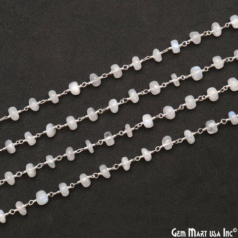 Rainbow Moonstone Cabochon 5-6mm Silver Wire Wrapped Rosary Chain