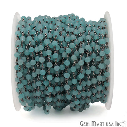 Aqua Chalcedony Round Oxidized Wire Wrapped Matte Beads Rosary Chain - GemMartUSA