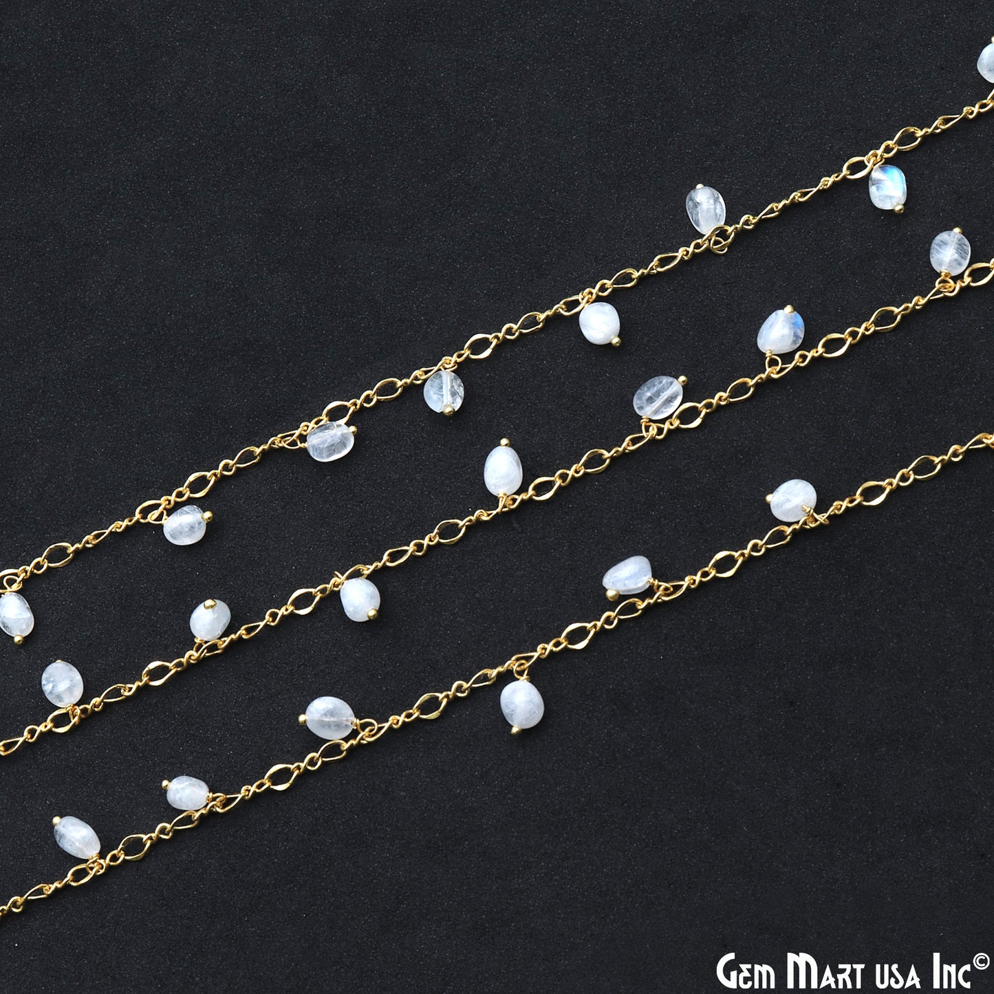 Rainbow Moonstone Tumble Beads 8x5mm Gold Plated Cluster Dangle Chain