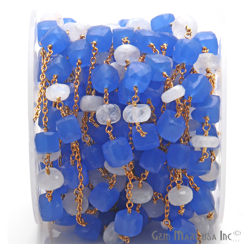 Rainbow Moonstone 8-9mm Blue Chalcedony 7-8mm Beaded Gold Plated Wire Wrapped Rosary Chain - GemMartUSA