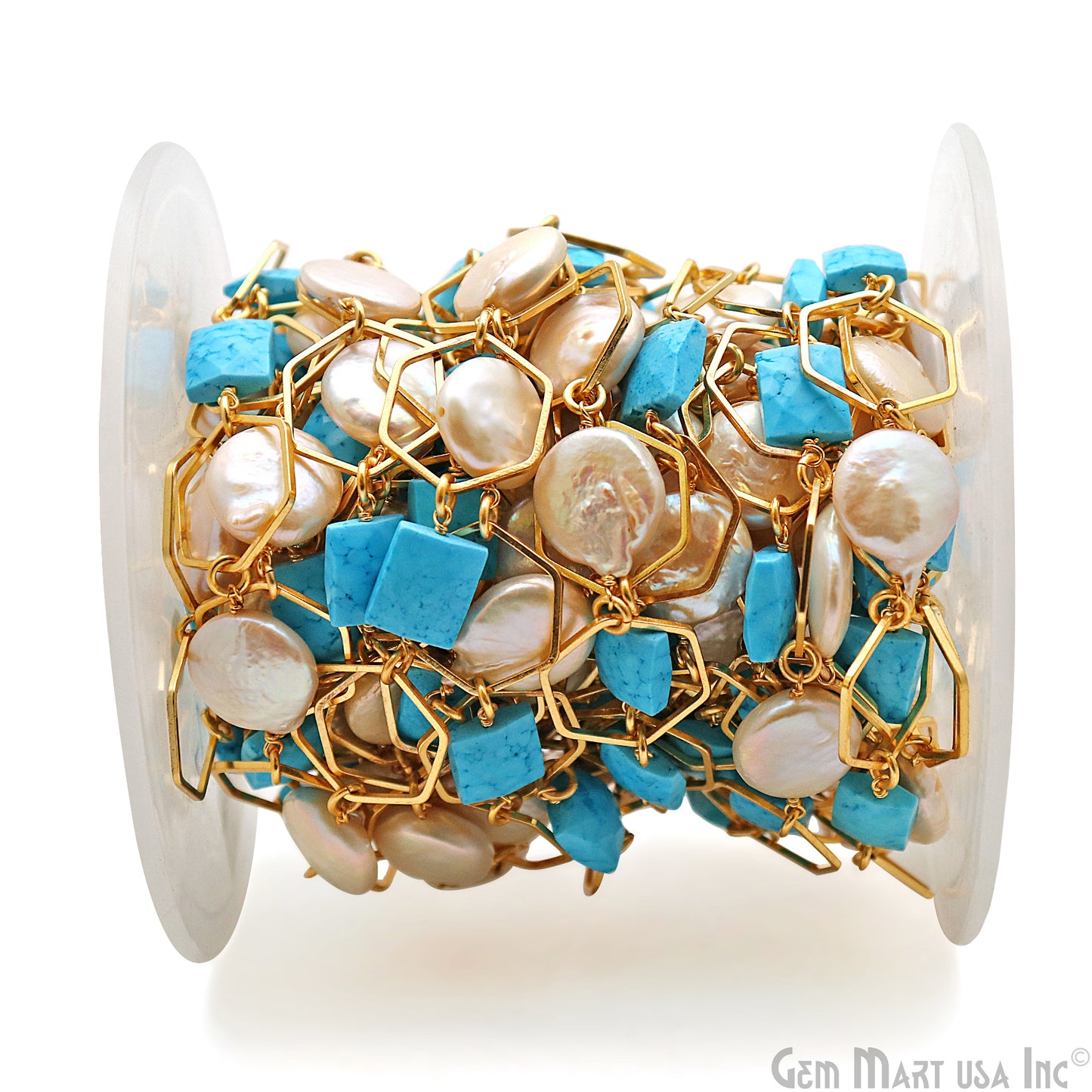 Turquoise & Pearl With Gold Hexagon Finding Rosary Chain