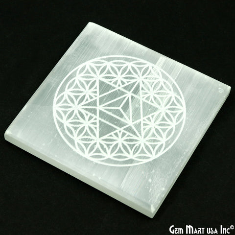 Selenite Rectangle Shape 80mm Engraved Merkaba Symbols Reiki Healing Meditation Gemstones