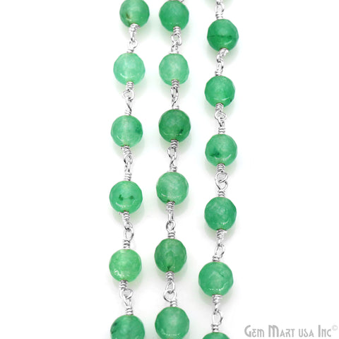 Baby Green Jade Cabochon 6mm Beads Silver Wire Wrapped Rosary Chain