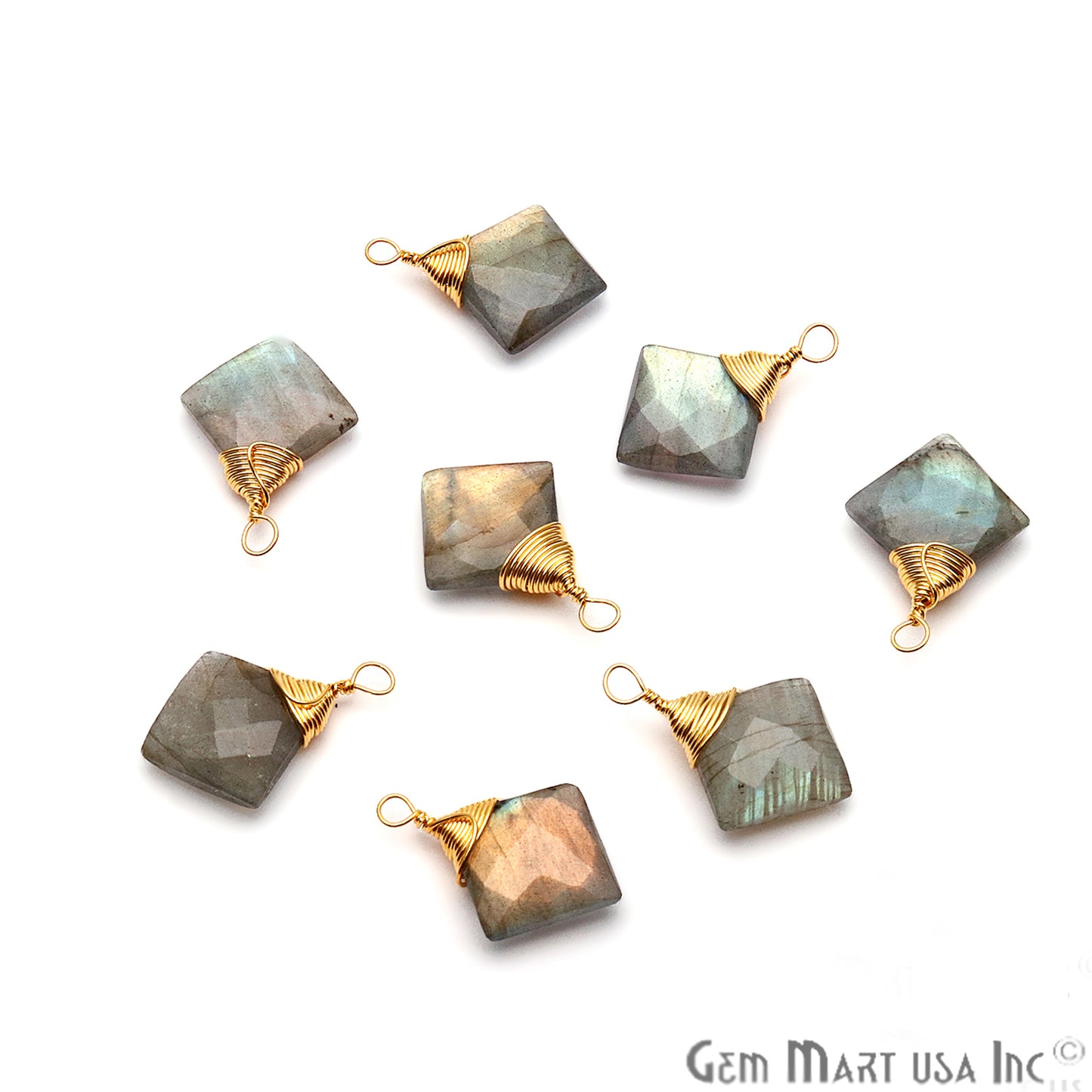 Labradorite Square 12mm Gold Plated Wire Wrapped Gemstone Connector - GemMartUSA