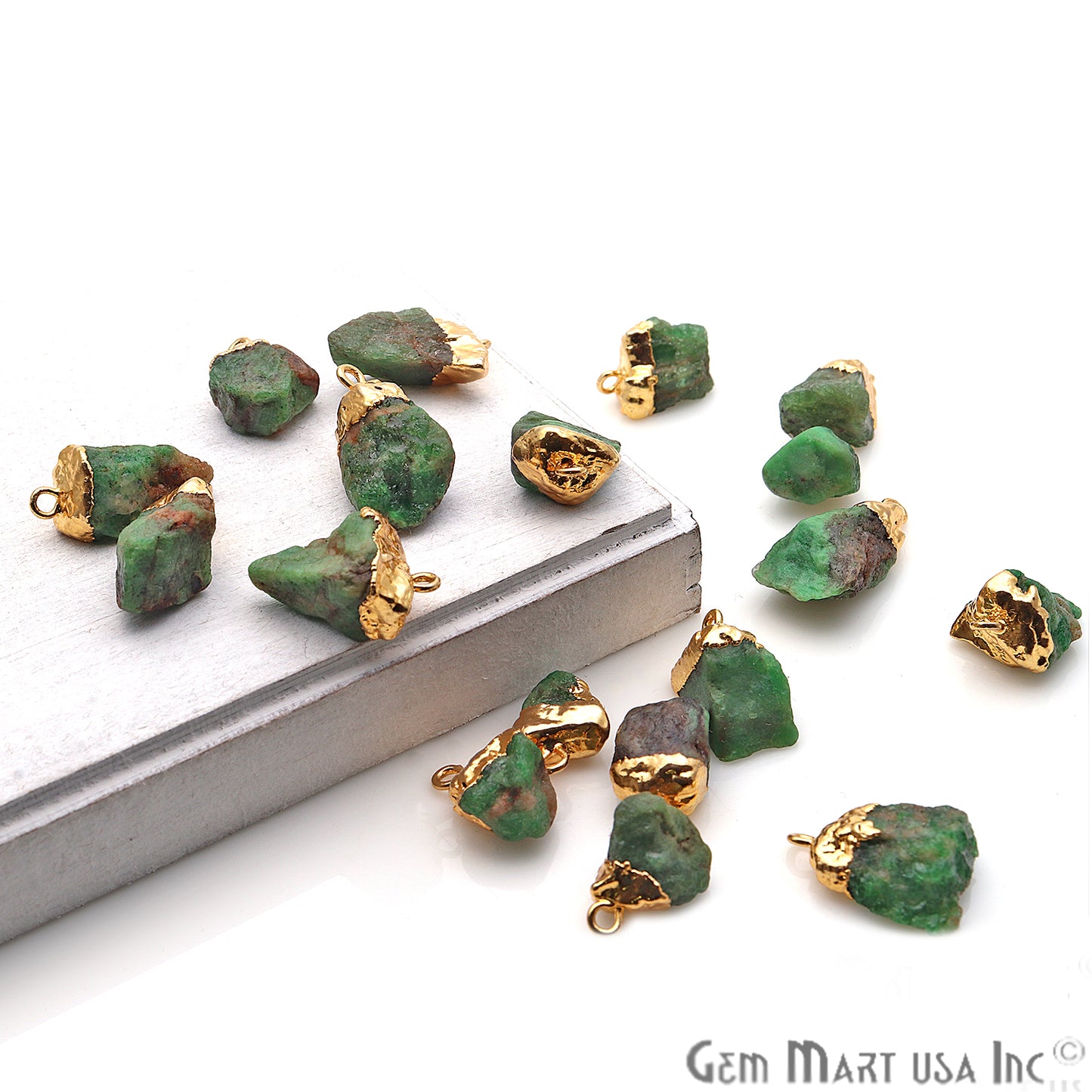 Rough Emerald Gemstone 12x16mm Gold Edged Bracelets Charm Connector - GemMartUSA