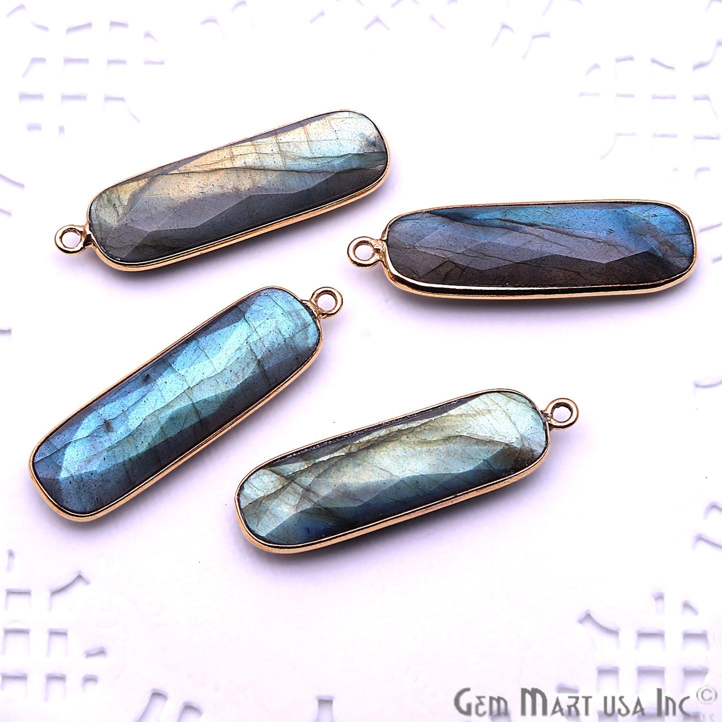 Labradorite Bar Charm 32x8mm Gold Plated Single Bail Gemstone Connector - GemMartUSA