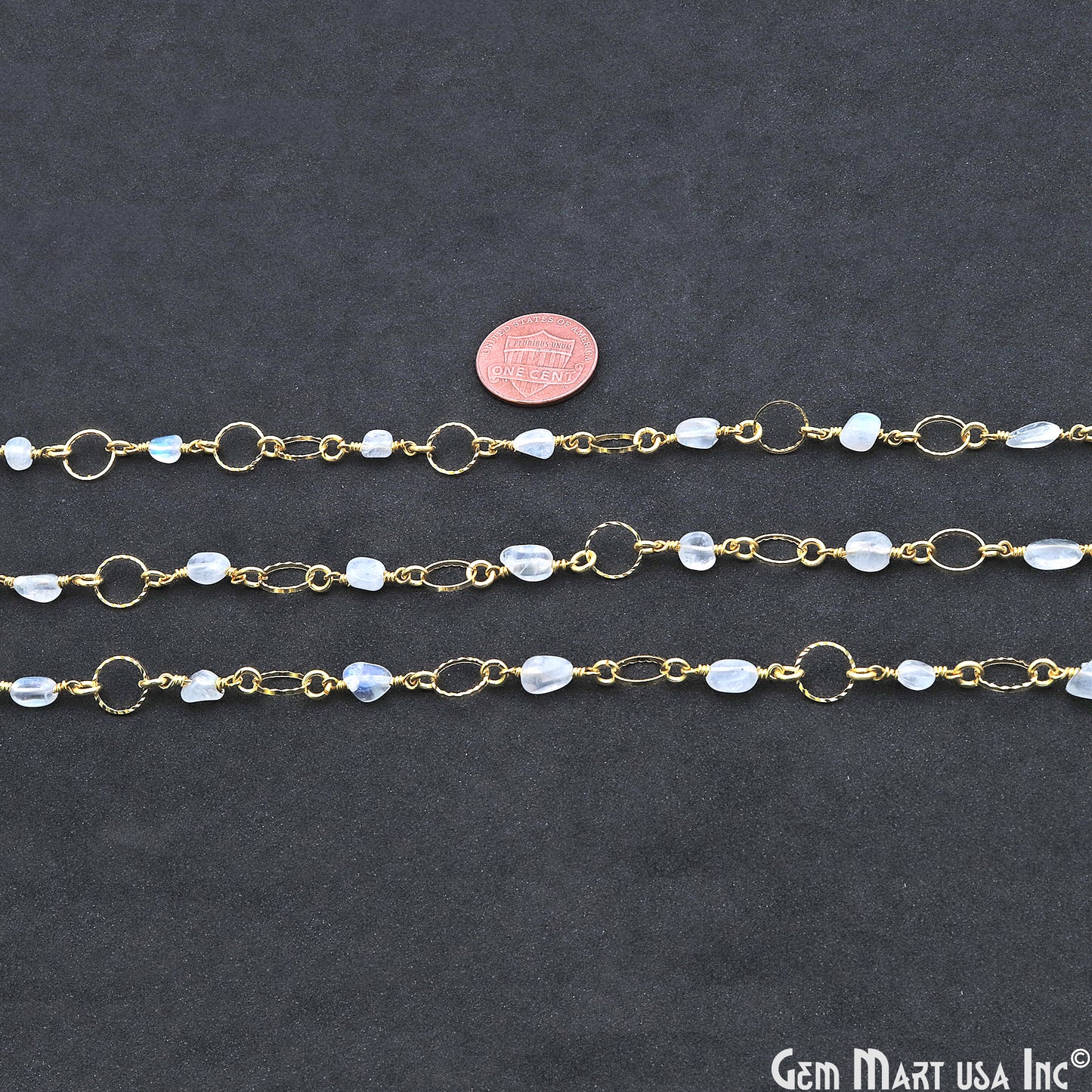 Rainbow Moonstone With Gold Plated Round Finding Rosary Chain