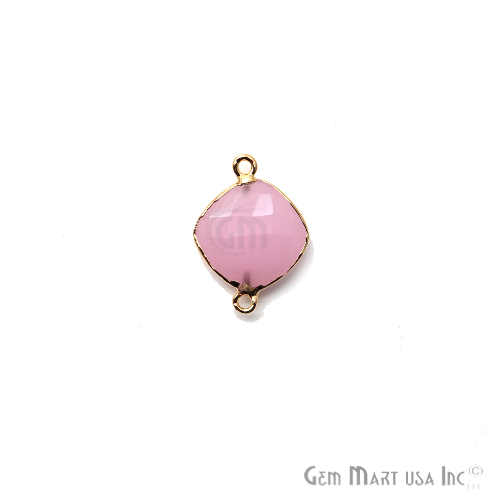 Rose Chalcedony 14mm Cushion Gold Electroplated Double Bail Gemstone Connector - GemMartUSA