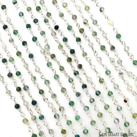Moss Agate 2-2.5mm Tiny Beads Silver Plated Wire Wrapped Rosary Chain