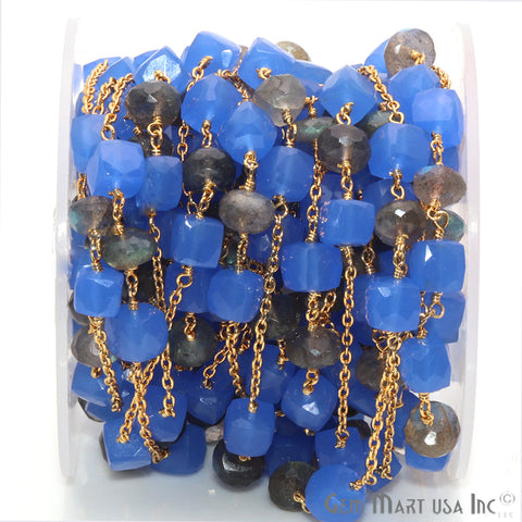 Labradorite 8-9mm Blue Chalcedony 7-8mm Beaded Gold Plated Wire Wrapped Rosary Chain - GemMartUSA