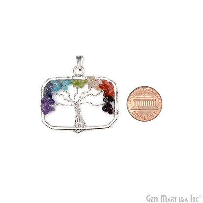 Multi Color Tree Of Life 45x29mm Silver Wire Wrapped Rectangle Shape Pendant