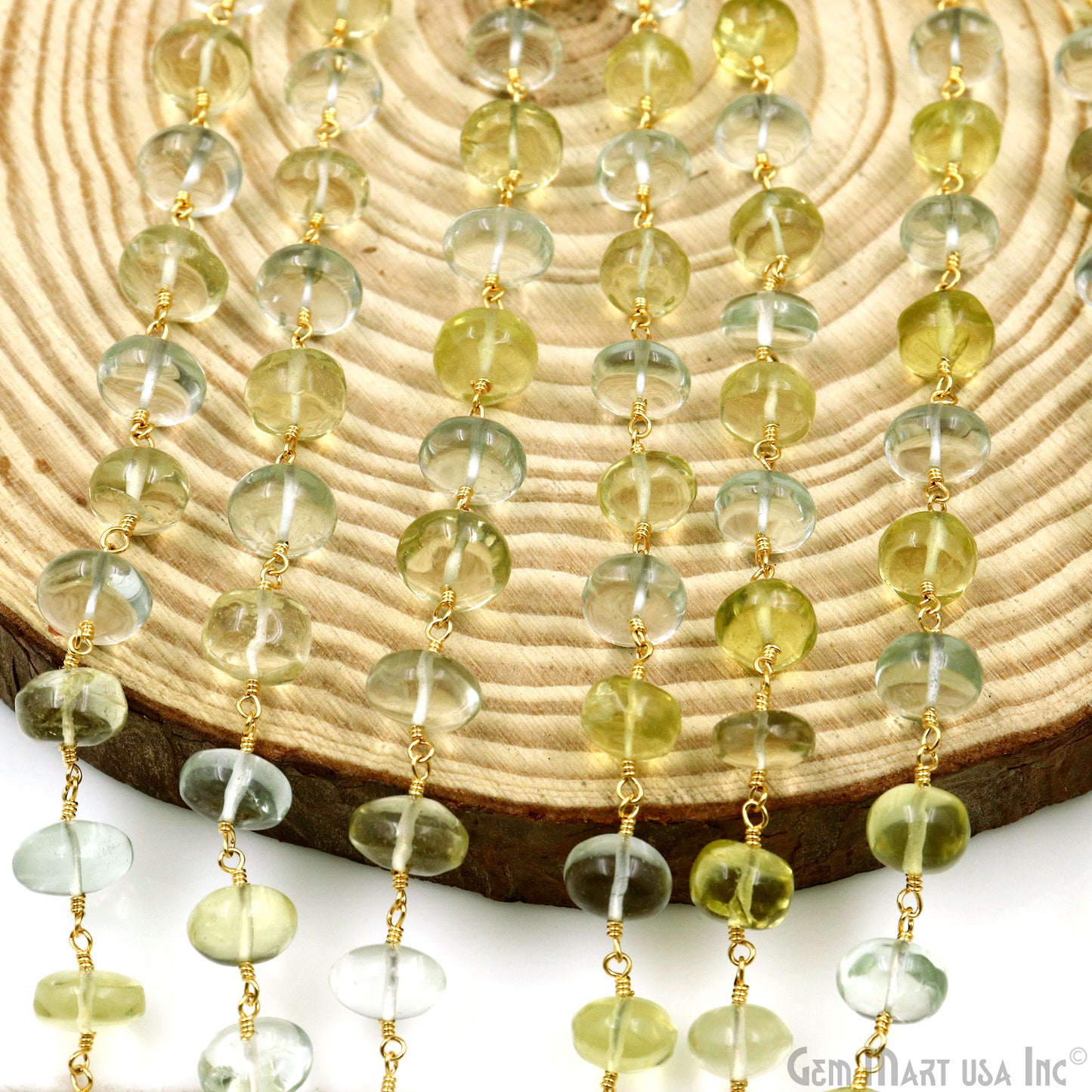 Green Amethyst & Lemon Topaz Cabochon Beads 9-10mm Gold Wire Wrapped Rosary Chain