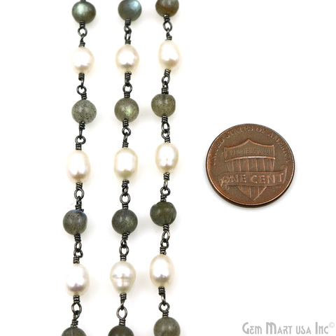 Labradorite Cabochon With Pearl Oval Oxidized Wire Wrapped Rosary Chain