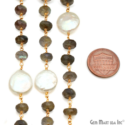 Labradorite Rondelle Beads 7-8mm & Pearl 13mm Beads Gold Plated Rosary Chain