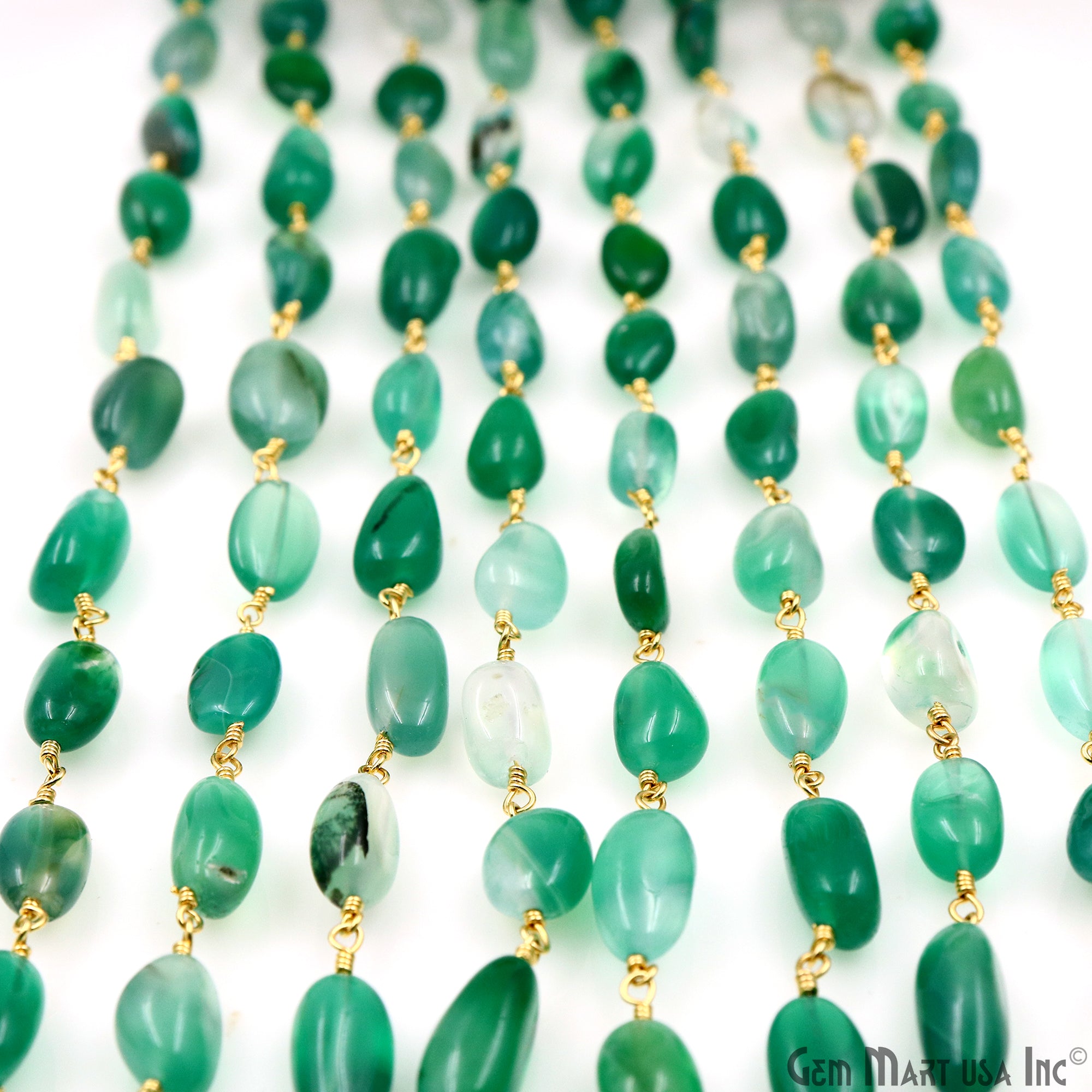 Shaded Green Onyx 12x5mm Tumble Beads Gold Plated Rosary Chain