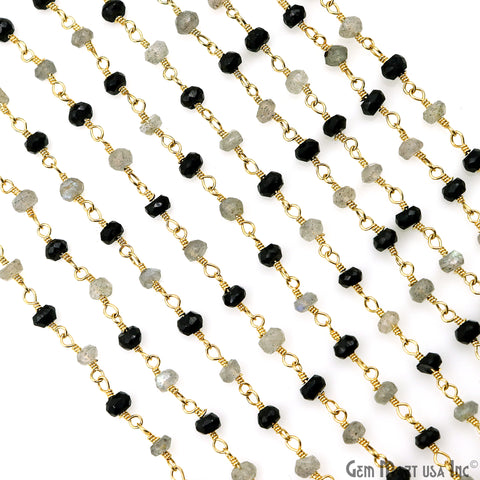 Black Spinel & Labradorite 3-3.5mm Gold Plated Faceted Beads Wire Wrapped Rosary Chain