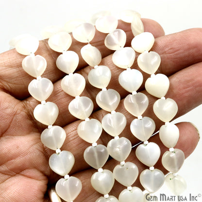 White Chalcedony Heart Beads, 7 Inch Gemstone Strands, Drilled Strung Briolette Beads, Heart Shape, 10mm