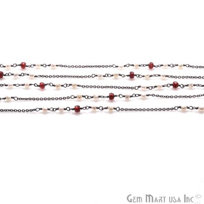 Garnet & Pearl Multi Gemstone Beaded Oxidized Wire Wrapped Rosary Chain