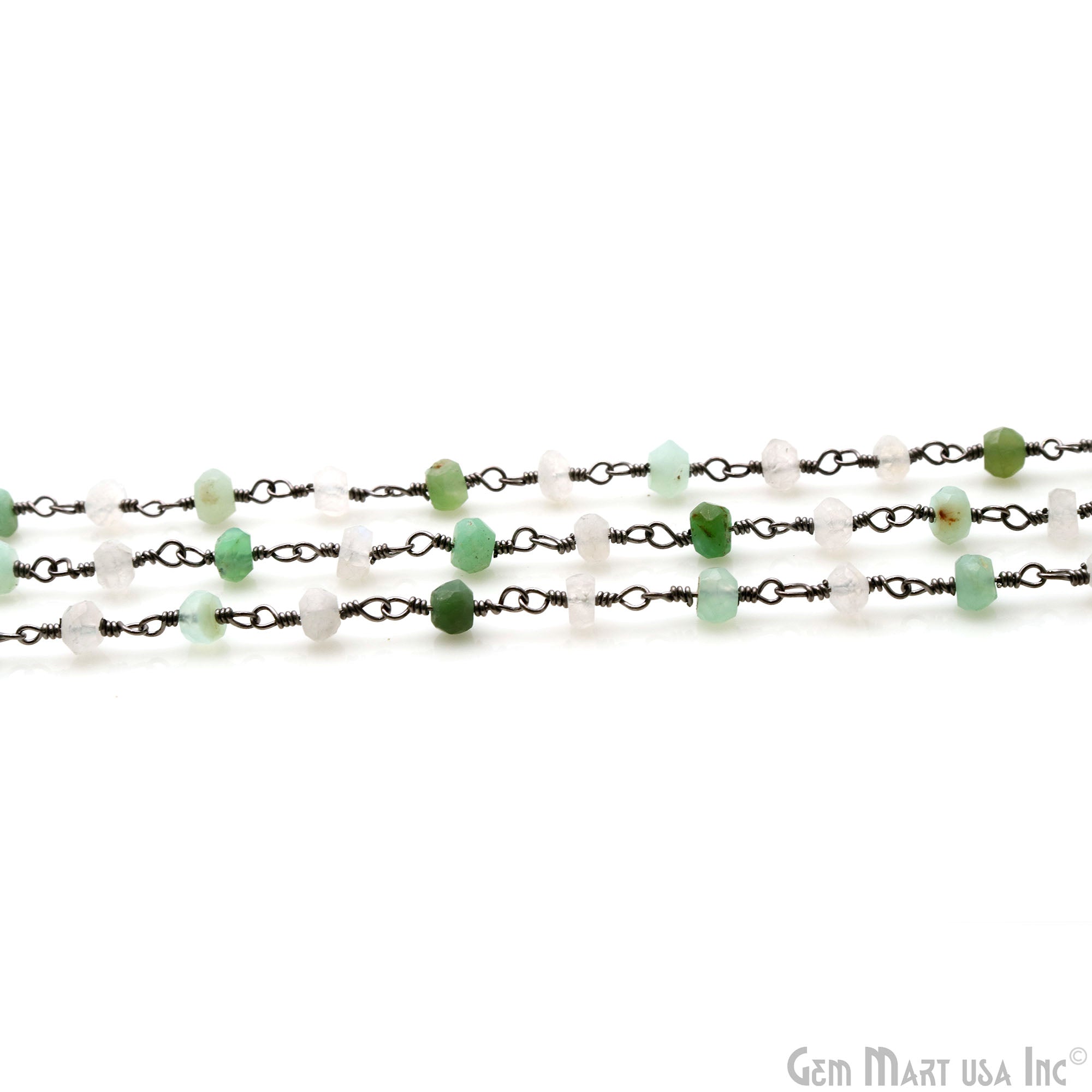 Chrysoprase With Rainbow Faceted 3-3.5mm Oxidized Wire Wrapped Beads Rosary Chain